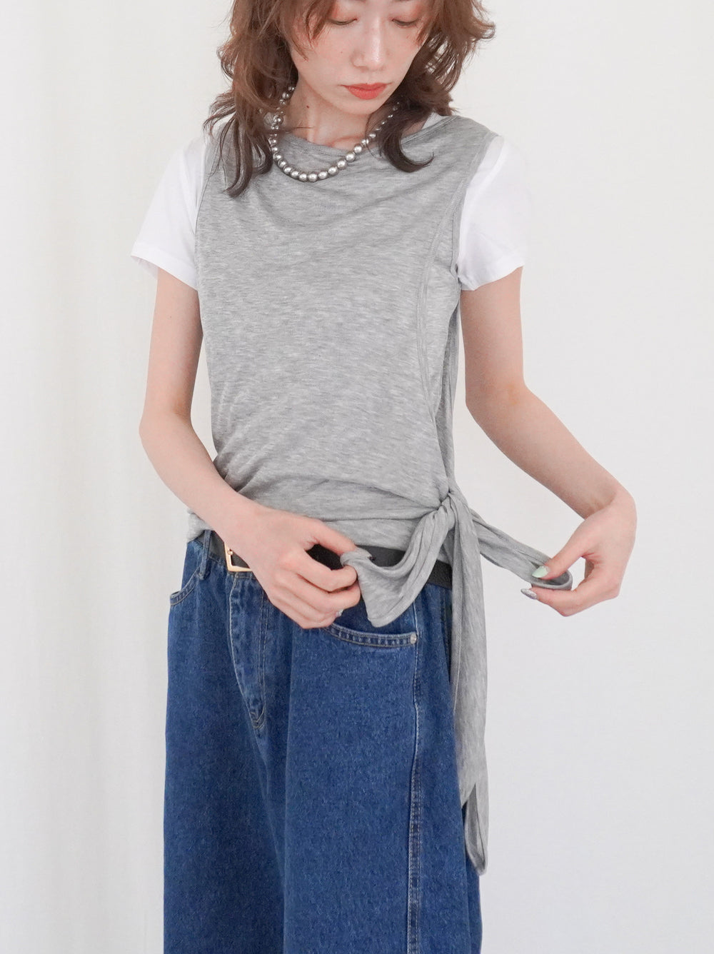 Double-layerシアーサイドリボントップス