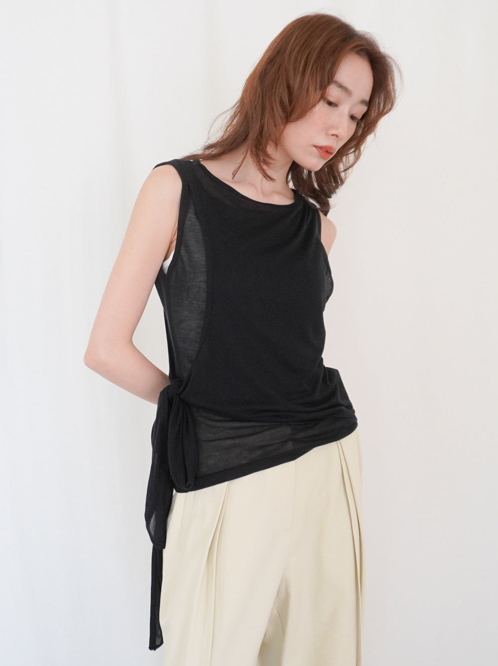 Double-layerシアーサイドリボントップス