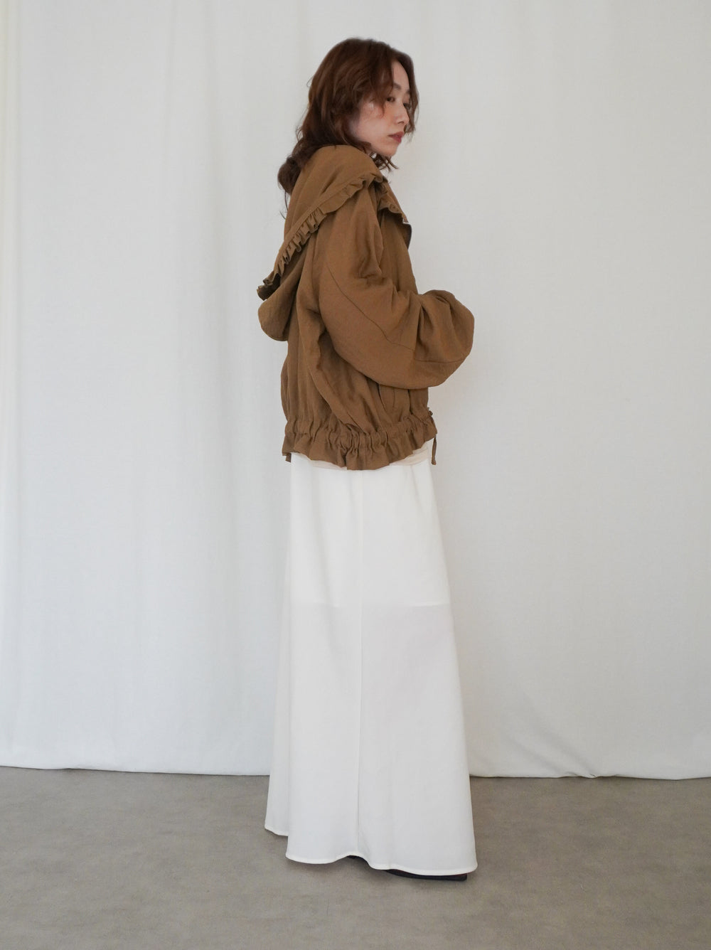 Drawstring zip-up フリルフーディージャケット