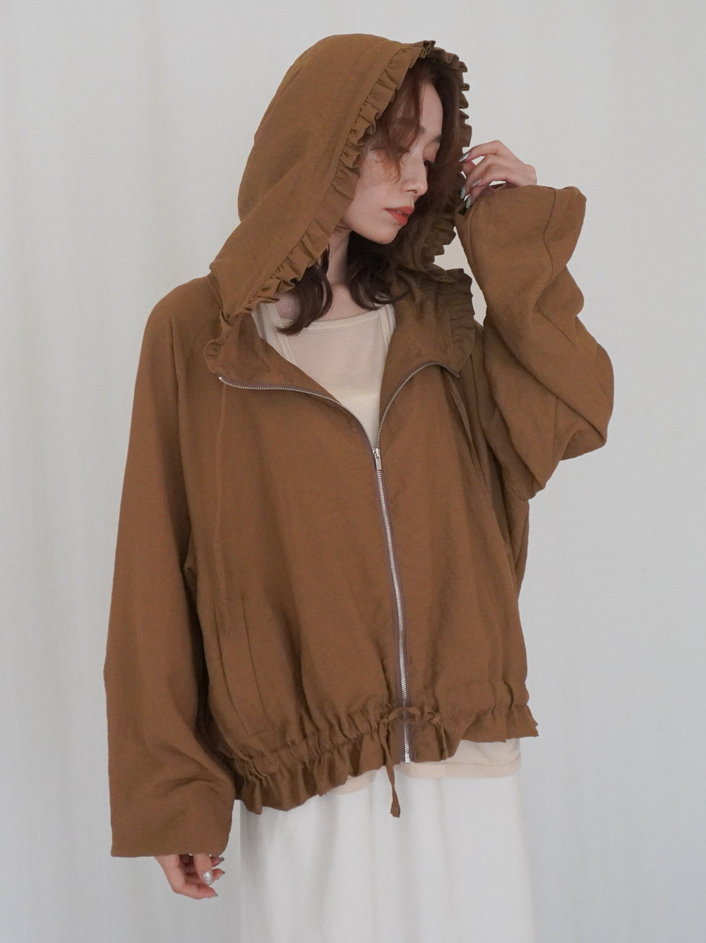 Drawstring zip-up フリルフーディージャケット