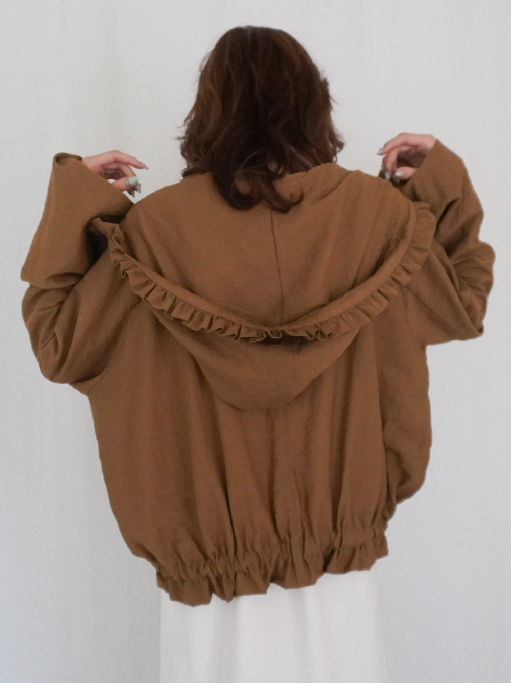 Drawstring zip-up フリルフーディージャケット