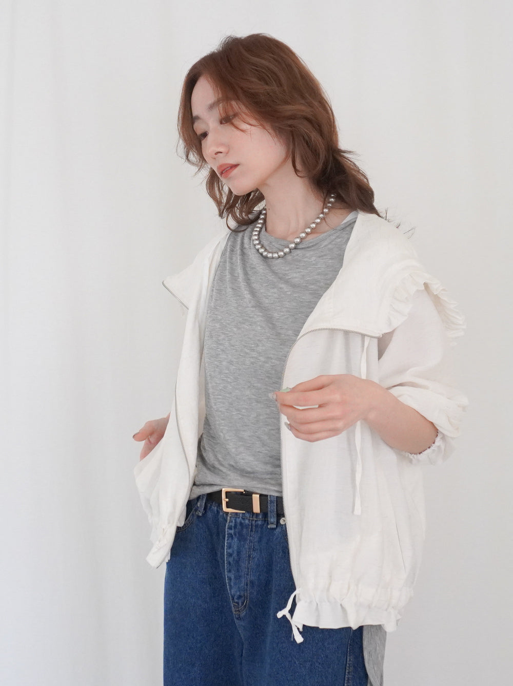Drawstring zip-up フリルフーディージャケット