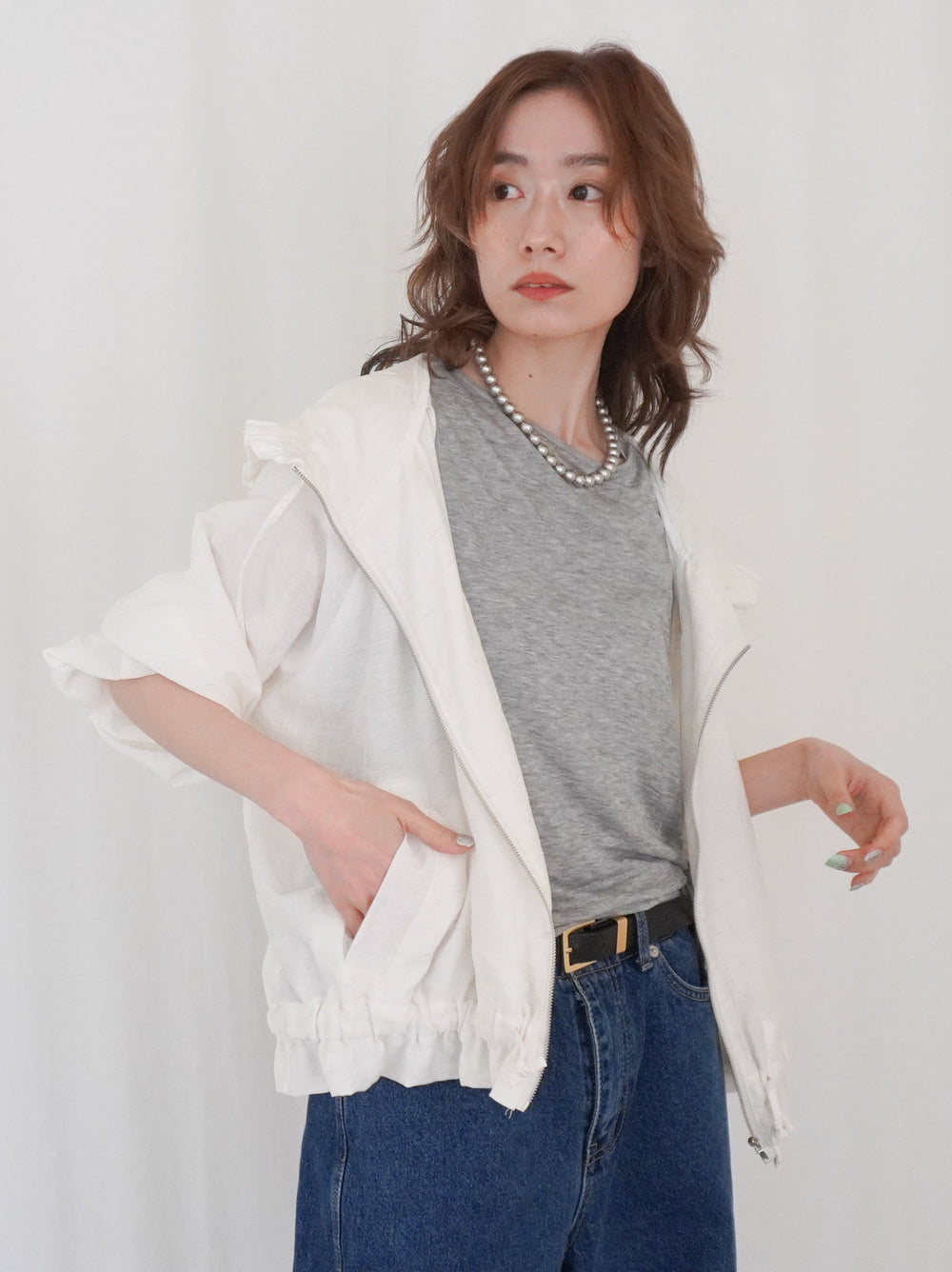 Drawstring zip-up フリルフーディージャケット