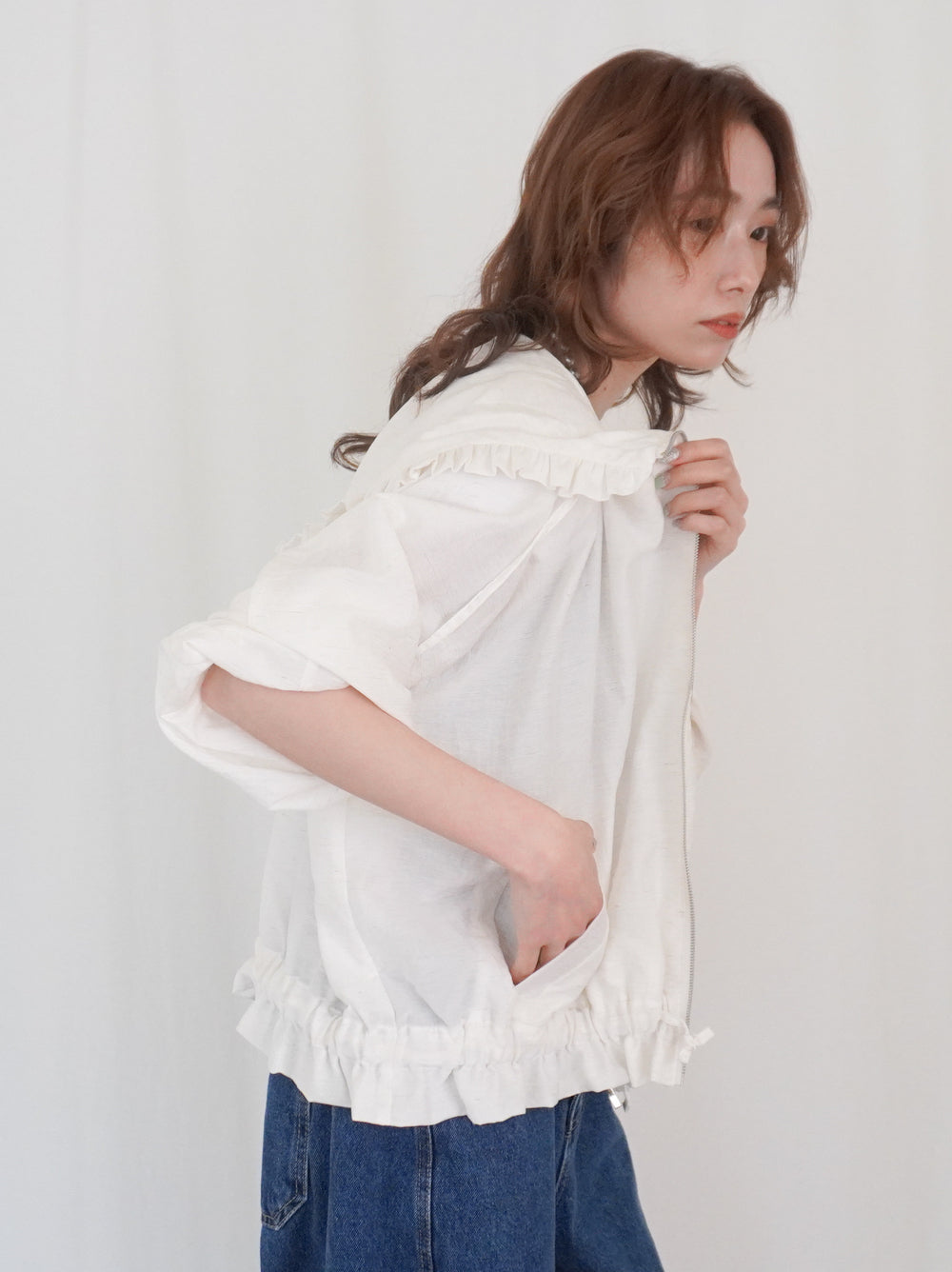 Drawstring zip-up フリルフーディージャケット