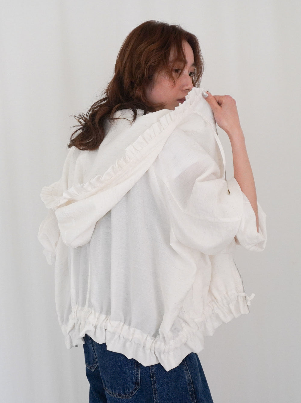 Drawstring zip-up フリルフーディージャケット