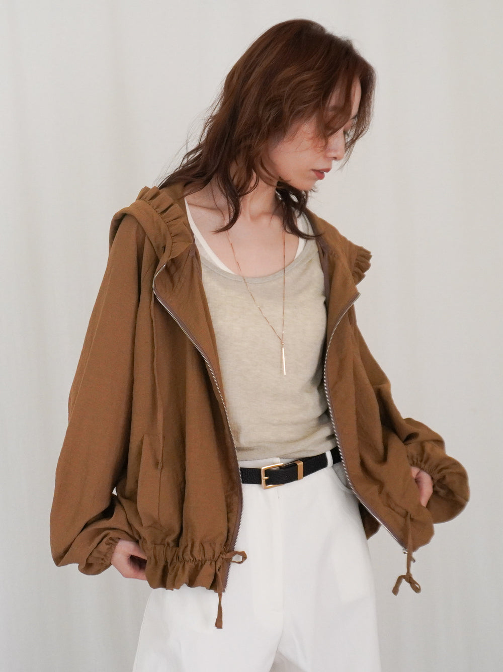 Drawstring zip-up フリルフーディージャケット