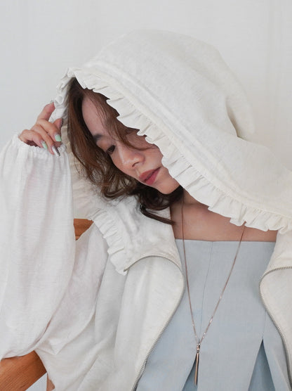Drawstring zip-up フリルフーディージャケット