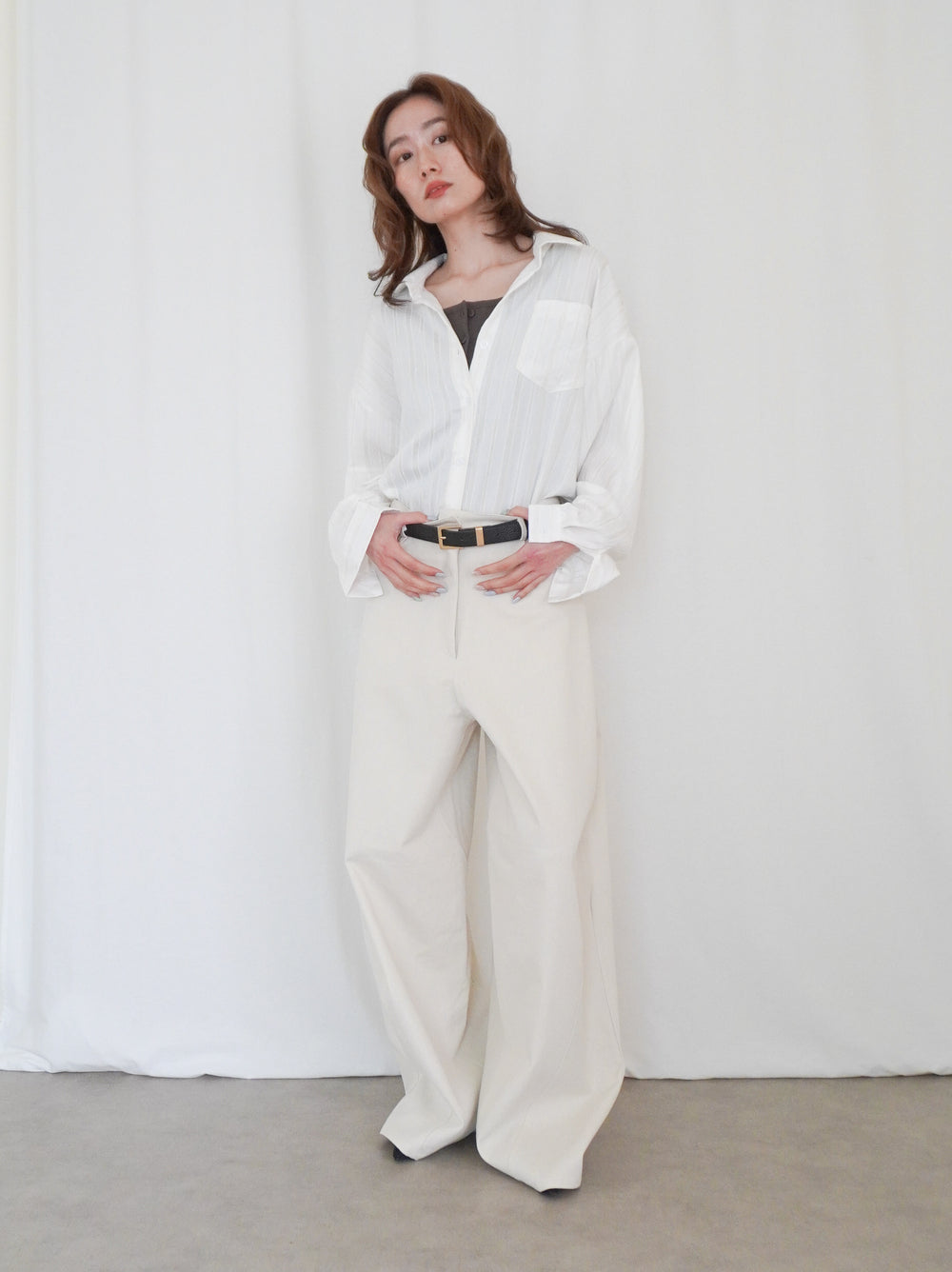 Linen-like sheer ストライプワイドシャツ