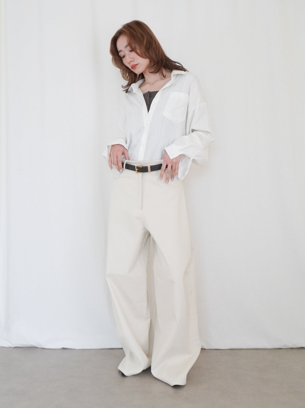 Linen-like sheer ストライプワイドシャツ