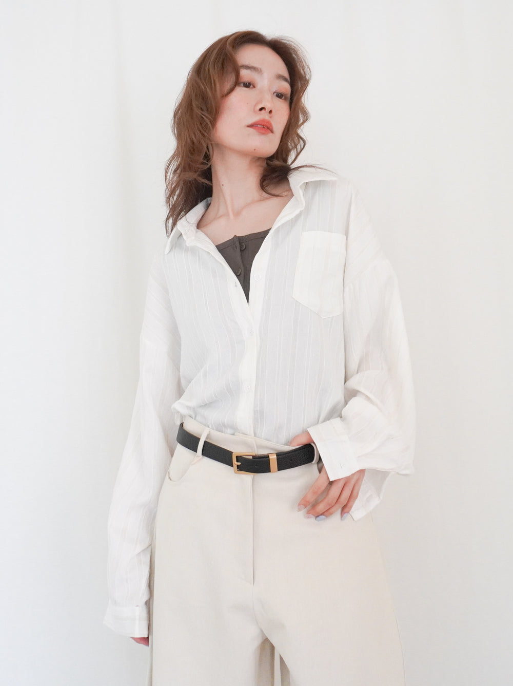 Linen-like sheer ストライプワイドシャツ