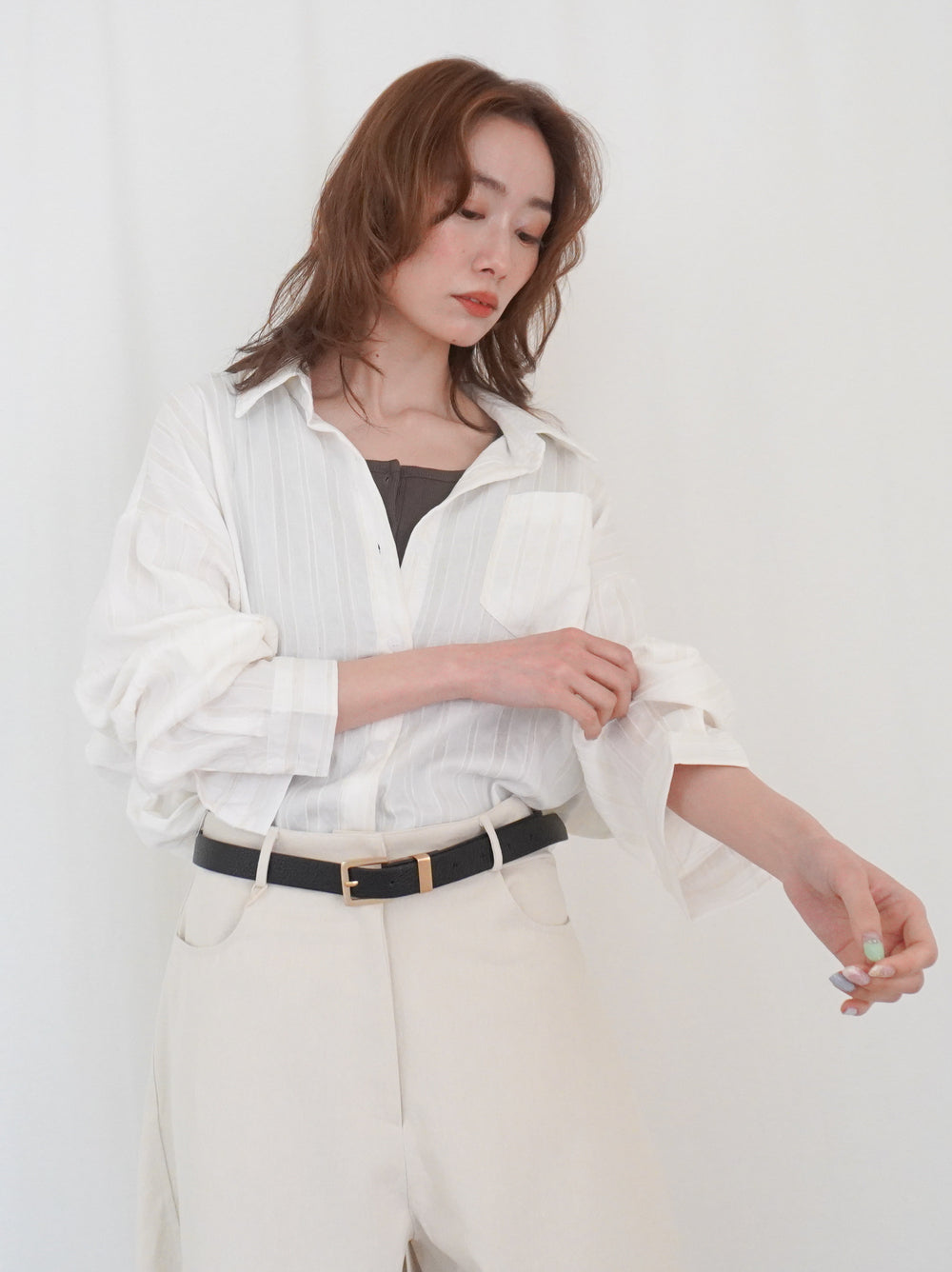 Linen-like sheer ストライプワイドシャツ