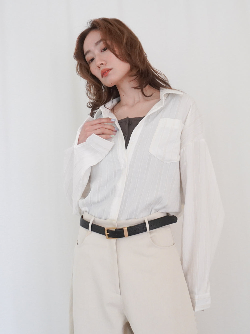 Linen-like sheer ストライプワイドシャツ