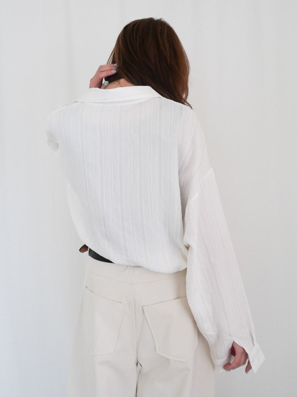 Linen-like sheer ストライプワイドシャツ