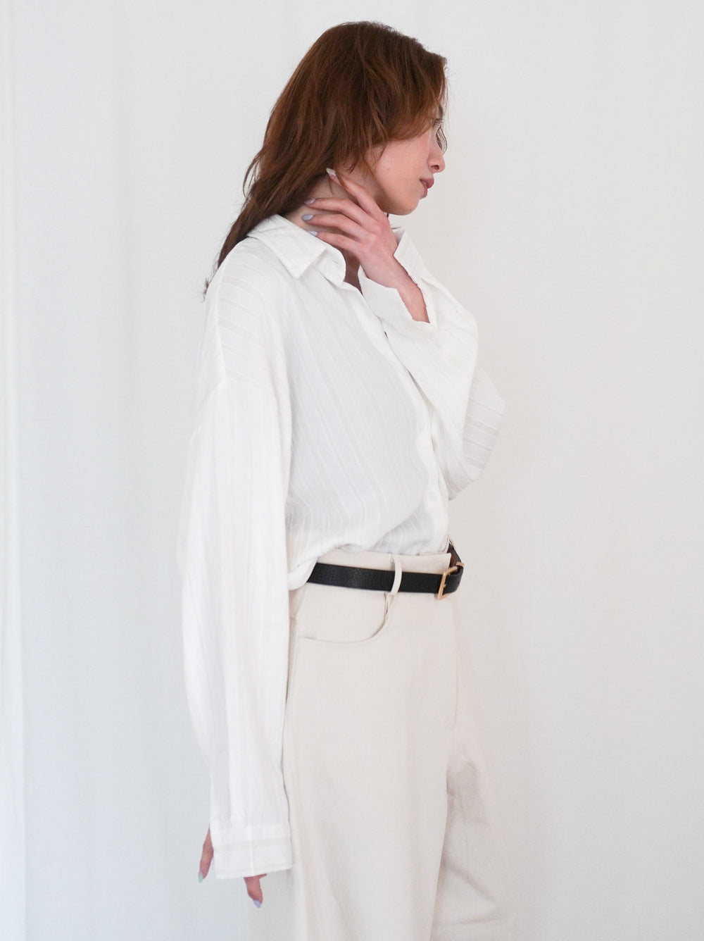 Linen-like sheer ストライプワイドシャツ