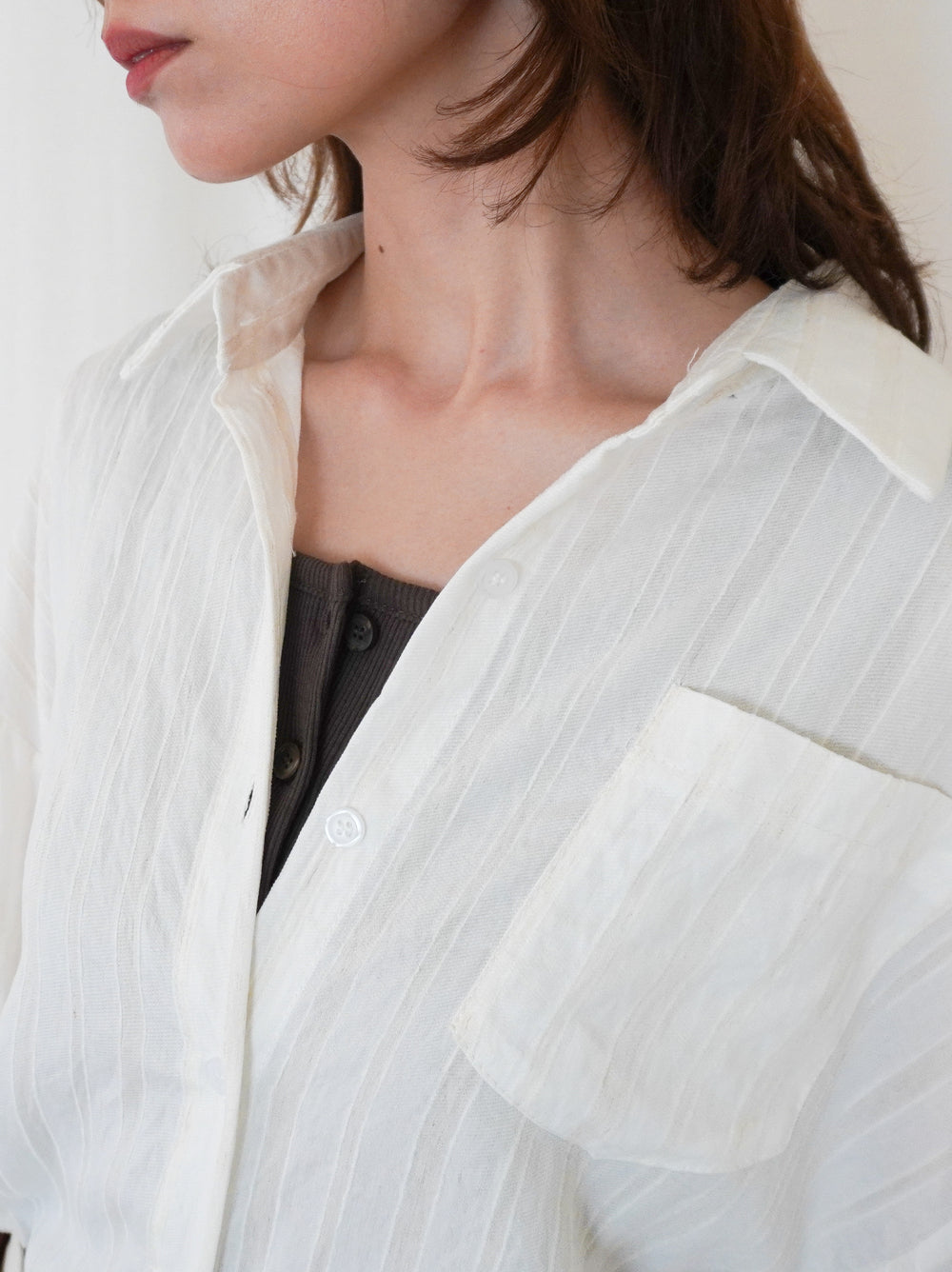 Linen-like sheer ストライプワイドシャツ