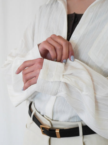 Linen-like sheer ストライプワイドシャツ