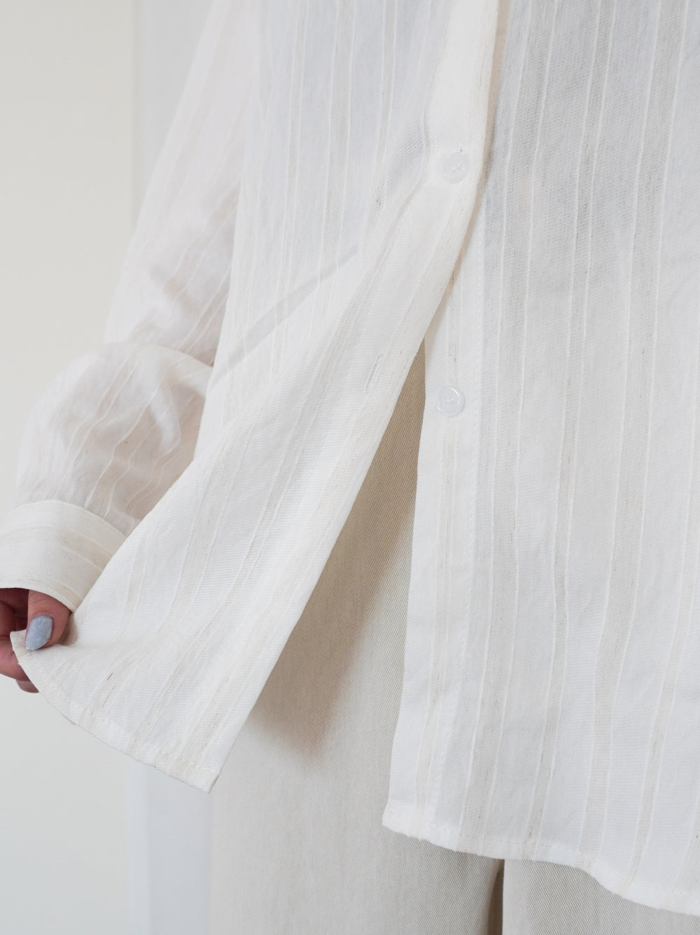Linen-like sheer ストライプワイドシャツ