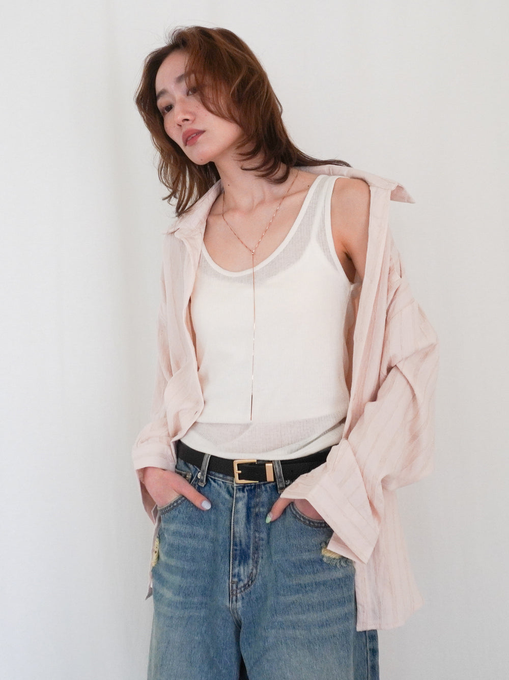 Linen-like sheer ストライプワイドシャツ