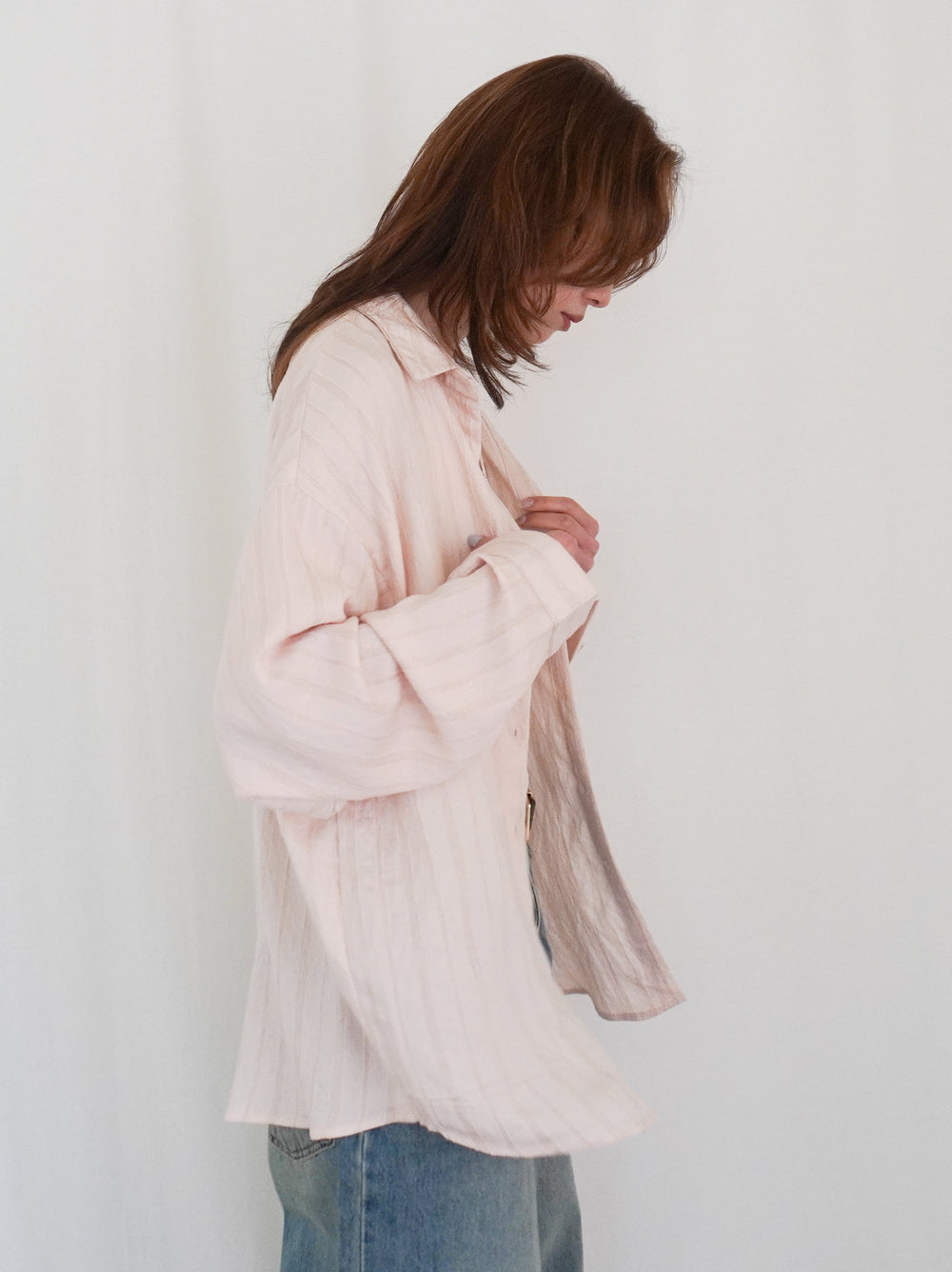 Linen-like sheer ストライプワイドシャツ