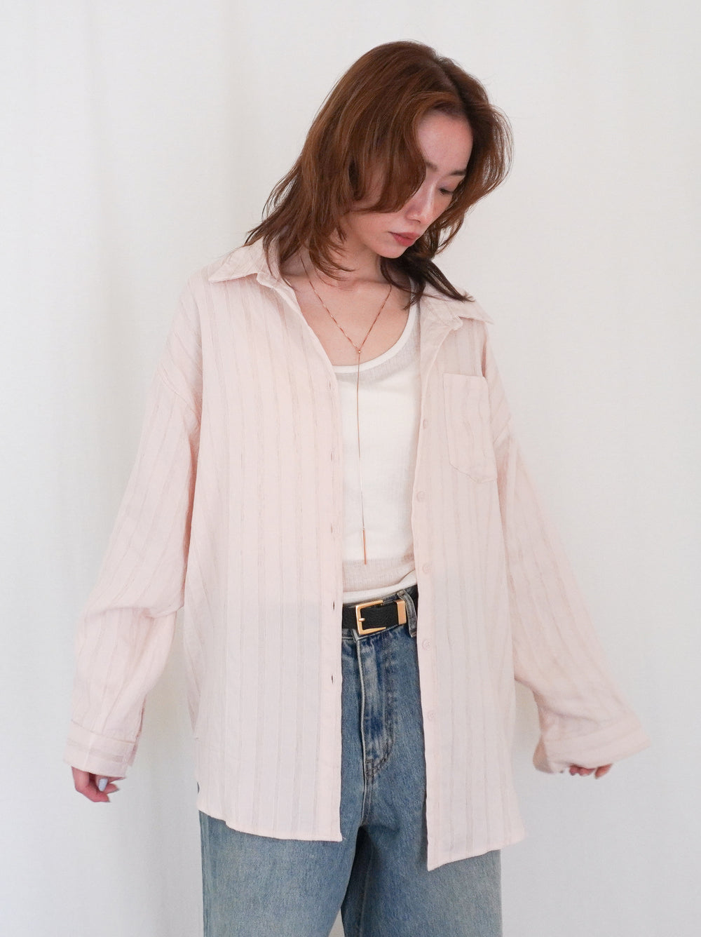 Linen-like sheer ストライプワイドシャツ