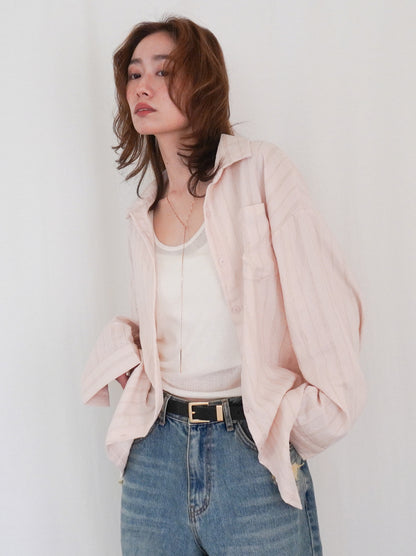 Linen-like sheer ストライプワイドシャツ