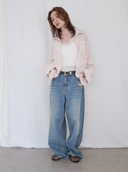 Linen-like sheer ストライプワイドシャツ