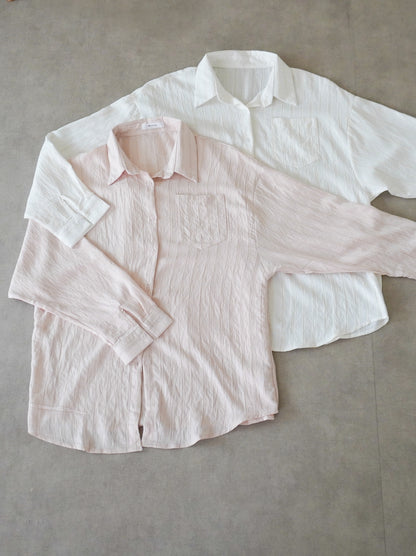 Linen-like sheer ストライプワイドシャツ