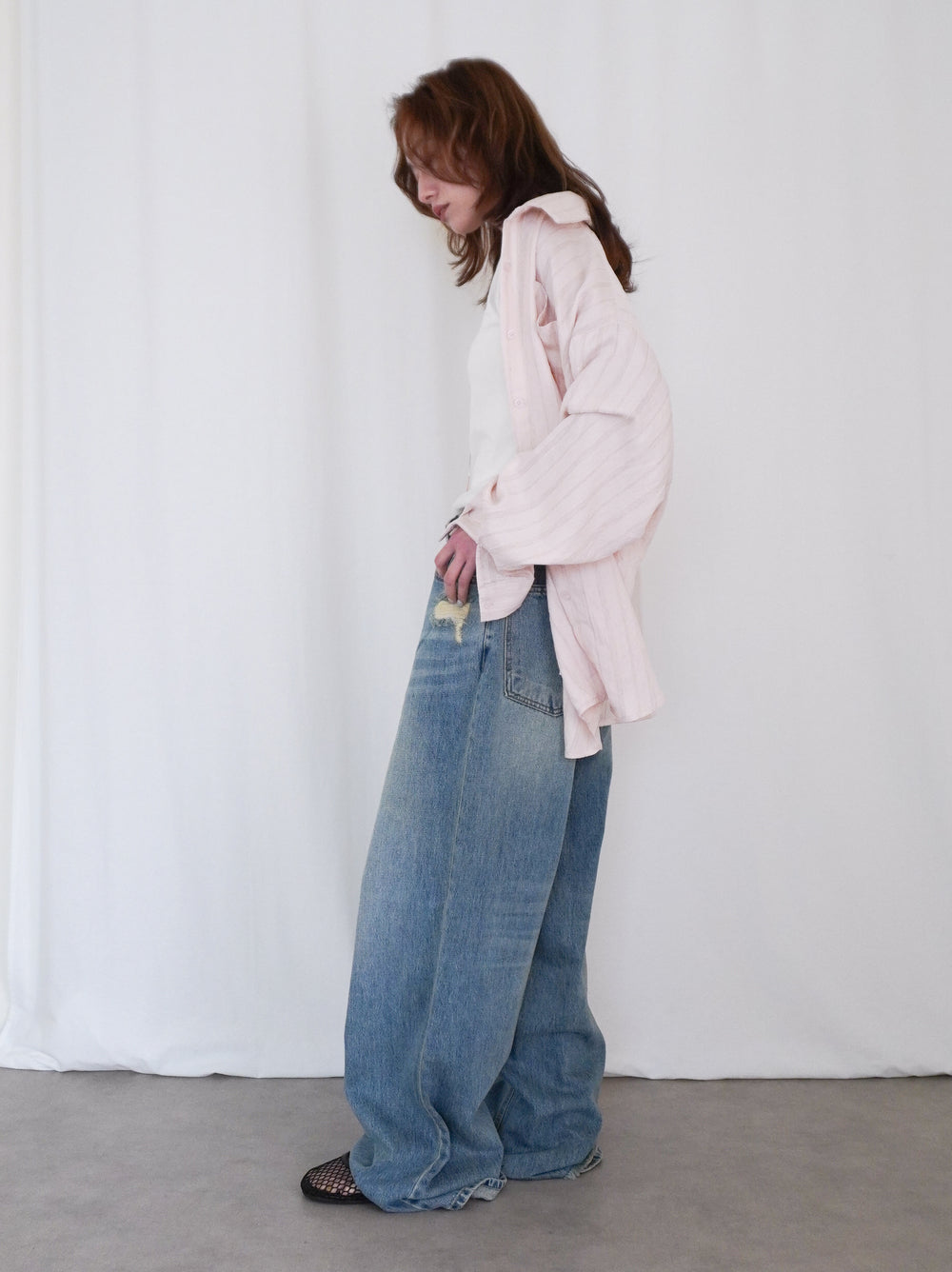 Linen-like sheer ストライプワイドシャツ