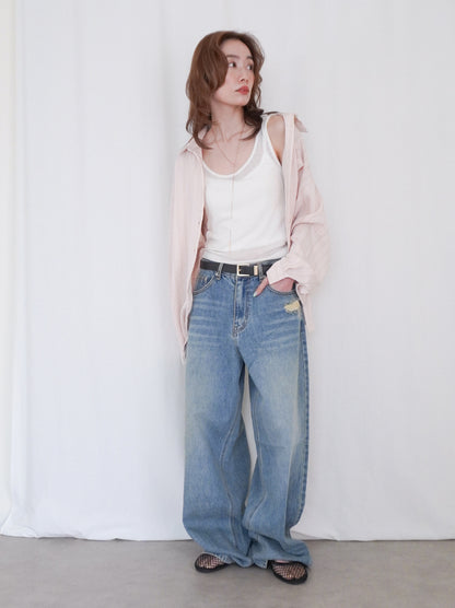 Linen-like sheer ストライプワイドシャツ