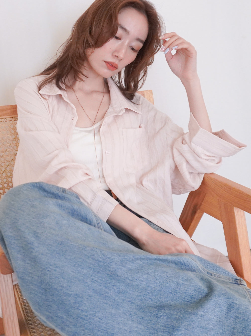 Linen-like sheer ストライプワイドシャツ