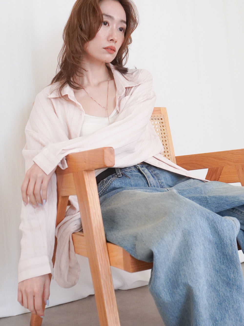 Linen-like sheer ストライプワイドシャツ