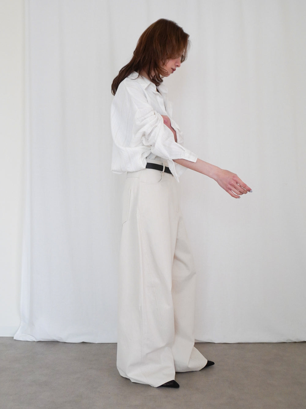 Linen-like sheer ストライプワイドシャツ