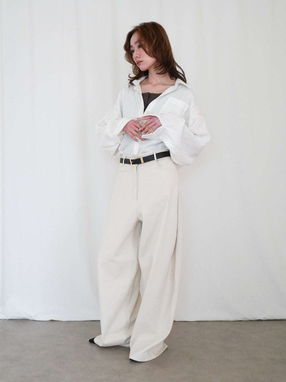 Linen-like sheer ストライプワイドシャツ