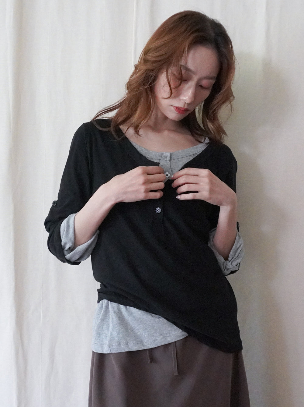 Soft scoop ヘンリーネックカットソー