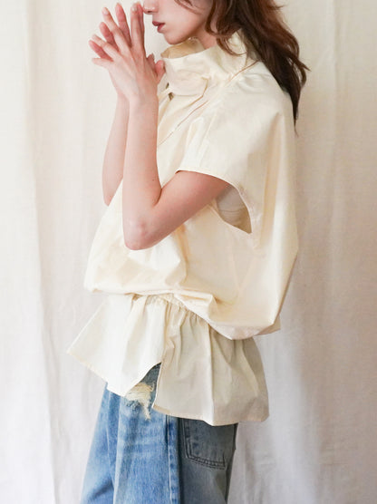 Drawstring Volume Kneck コットンシャツ