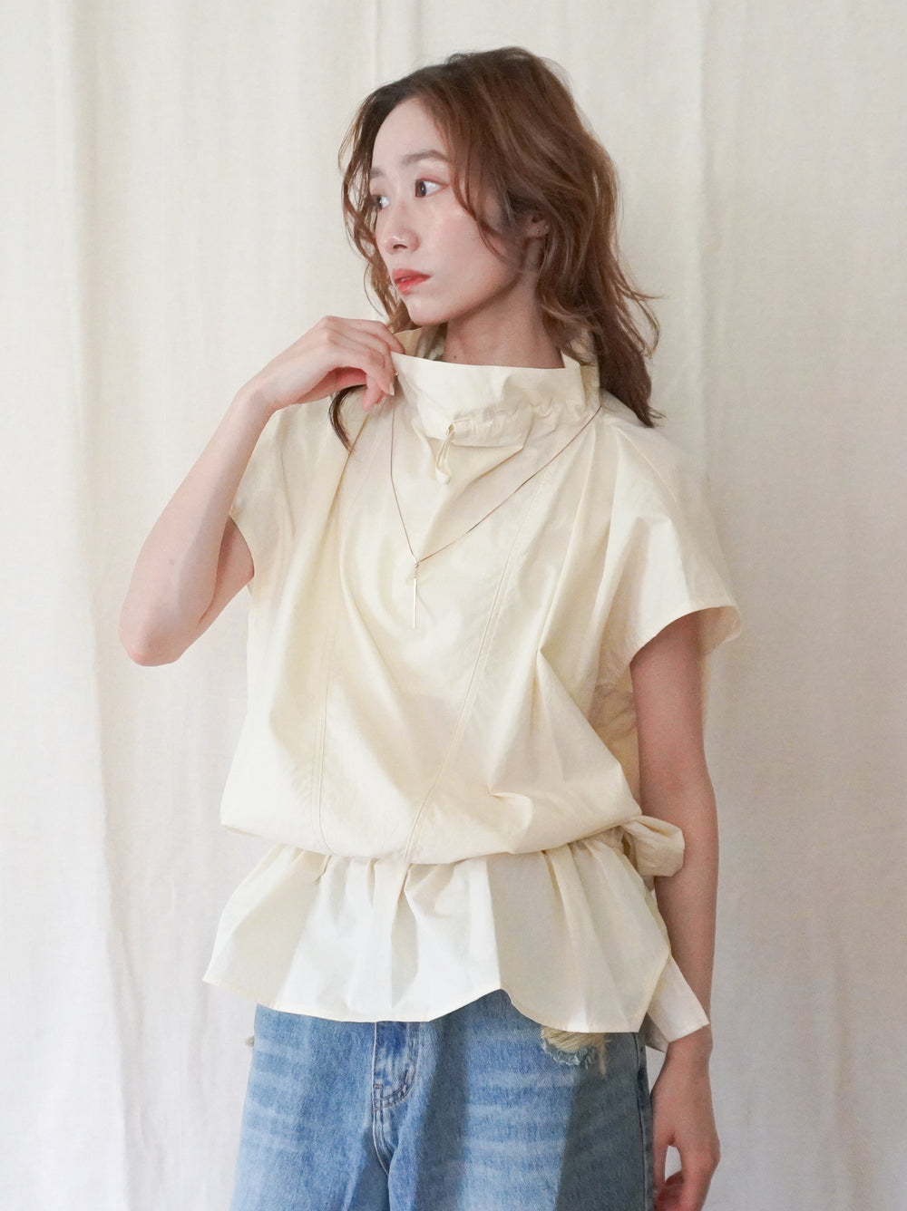 Drawstring Volume Kneck コットンシャツ