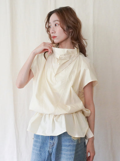 Drawstring Volume Kneck コットンシャツ