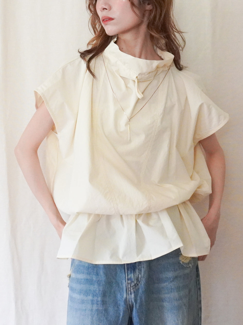 Drawstring Volume Kneck コットンシャツ