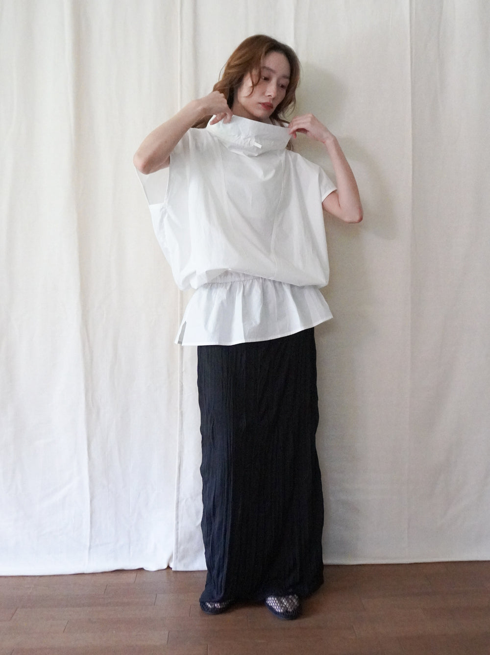 Drawstring Volume Kneck コットンシャツ