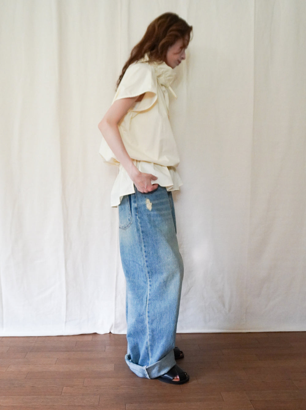 Drawstring Volume Kneck コットンシャツ