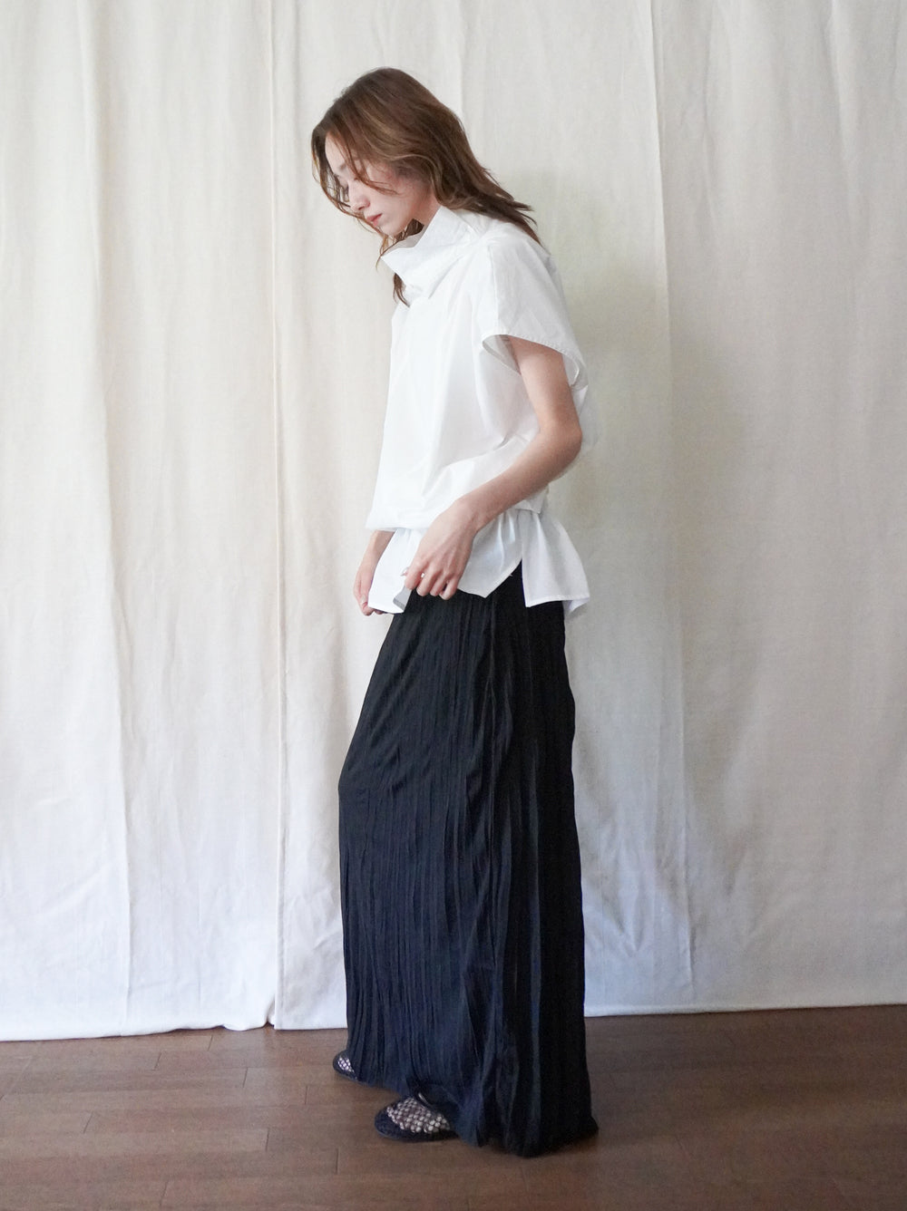 Drawstring Volume Kneck コットンシャツ