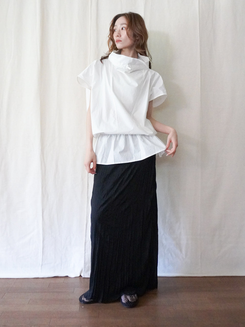 Drawstring Volume Kneck コットンシャツ