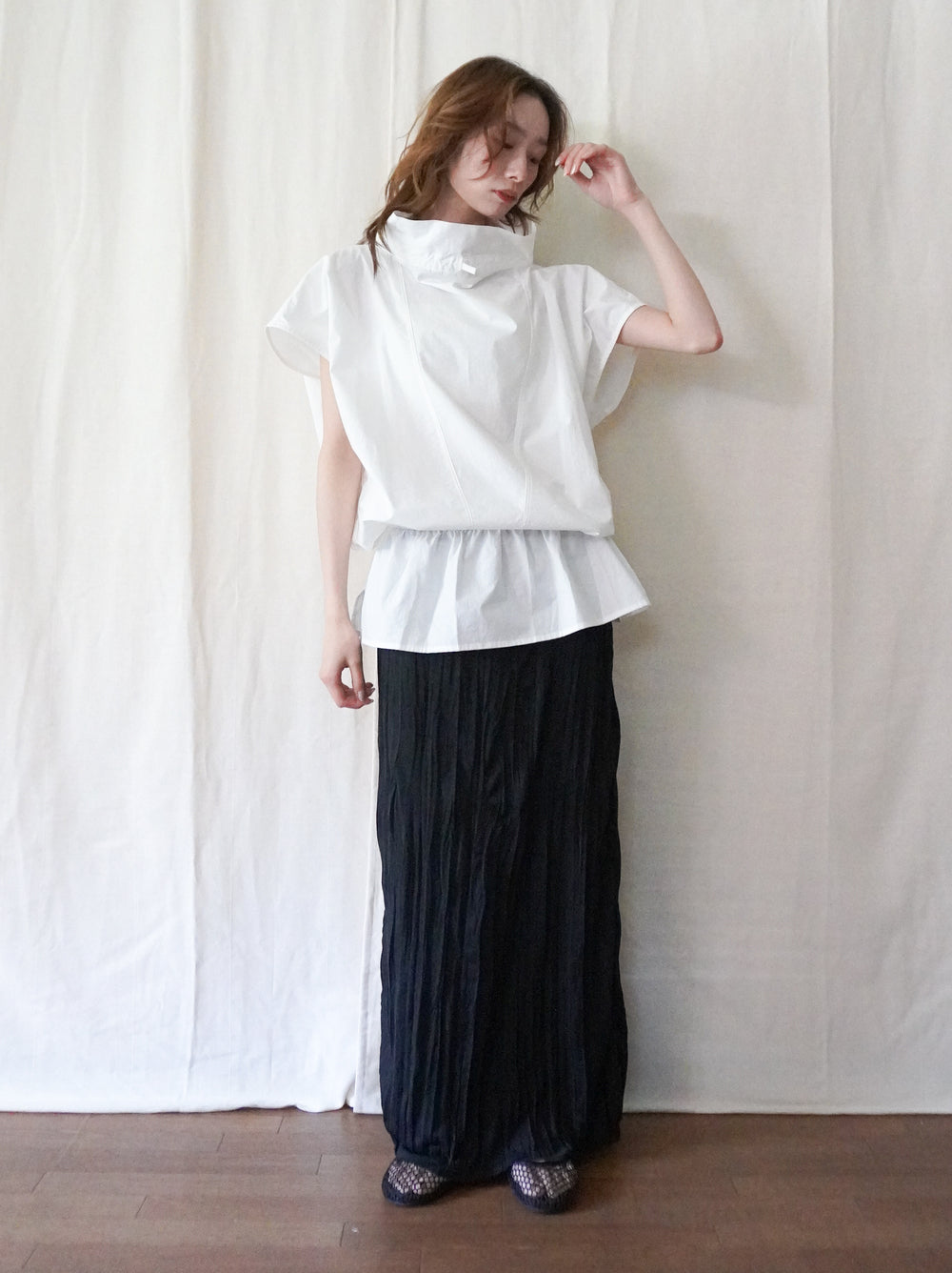 Drawstring Volume Kneck コットンシャツ