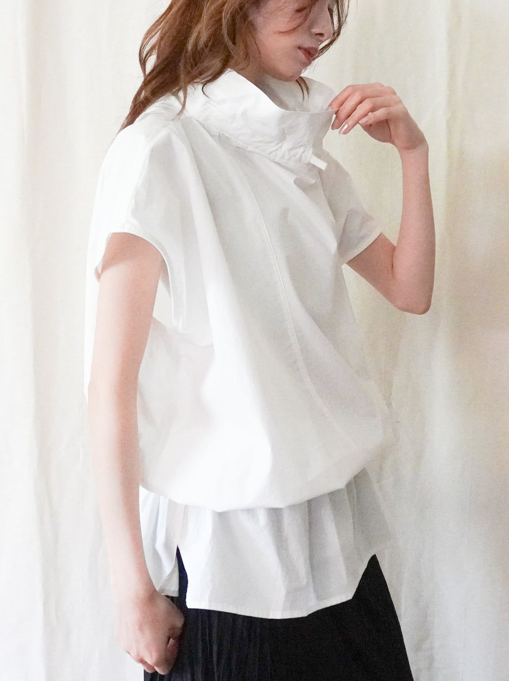 Drawstring Volume Kneck コットンシャツ