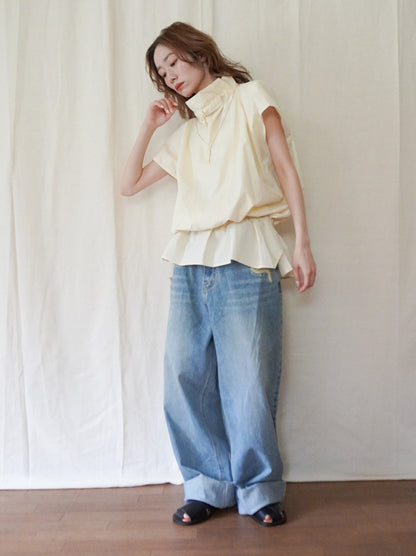 Drawstring Volume Kneck コットンシャツ