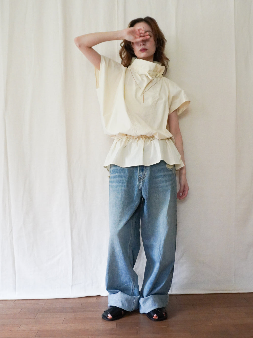 Drawstring Volume Kneck コットンシャツ