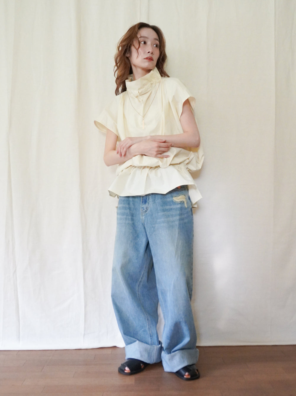 Drawstring Volume Kneck コットンシャツ