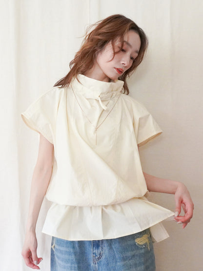 Drawstring Volume Kneck コットンシャツ