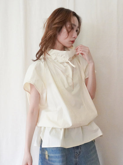 Drawstring Volume Kneck コットンシャツ