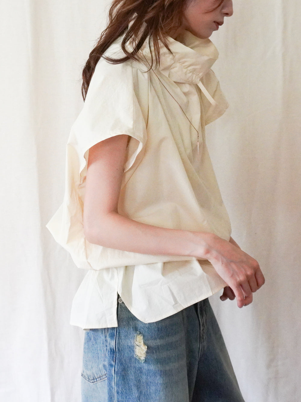 Drawstring Volume Kneck コットンシャツ
